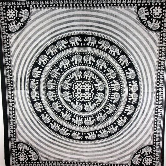 Black White Elephant Mandala Tapestry With Floral Center