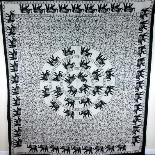 Black White Festival Elephant Mandala Tapestry Cotton