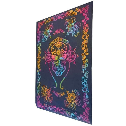 Gothic Skull Tie Dye Tapestry With Floral Border Cotton
