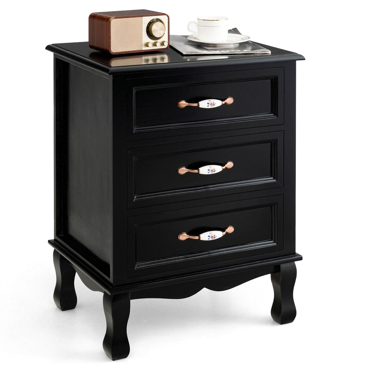 3 Drawers Nightstand with Solid Wood Legs for Living Room Bedroom-Black