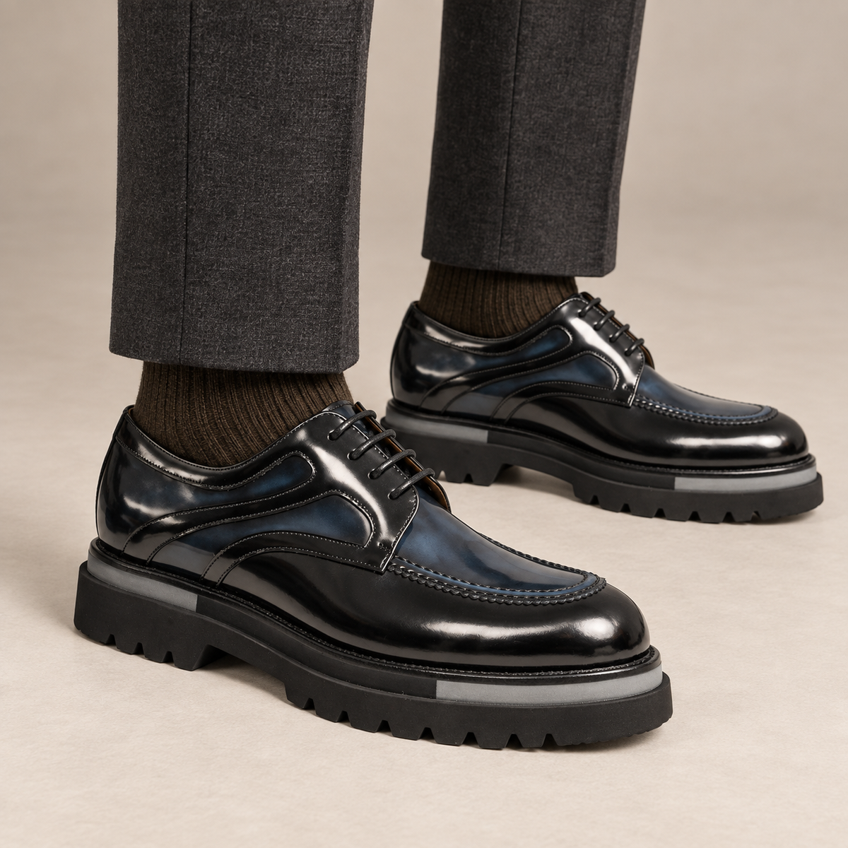 Blue-Black Calf Leather Derby Shoes