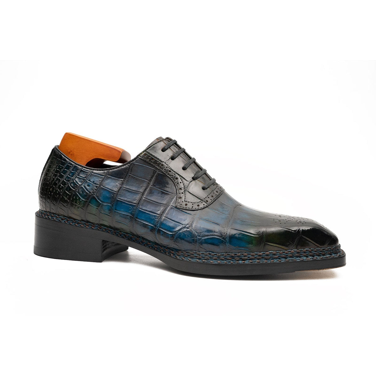 Blue-Black Crocodile Leather Derby Shoes