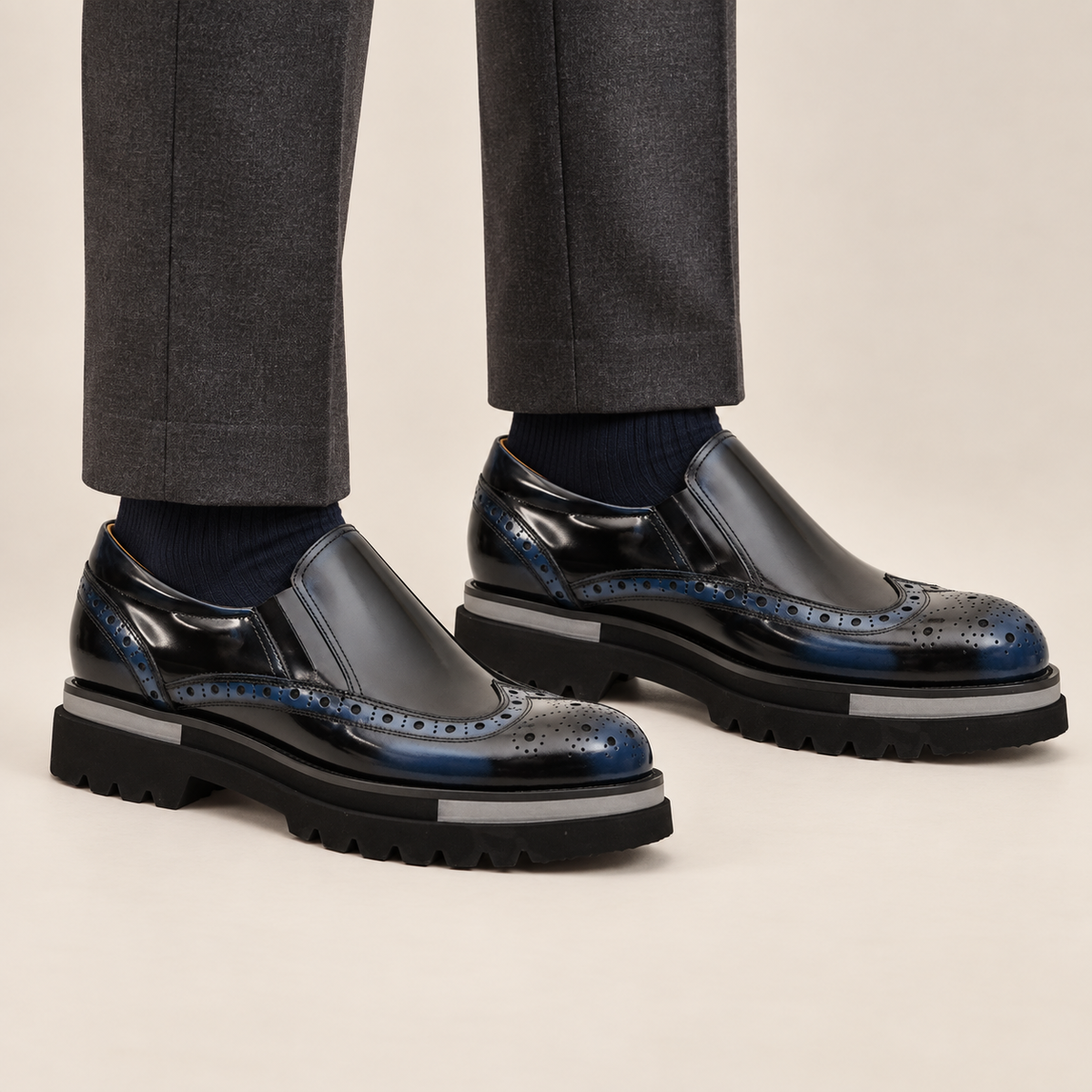 Blue-Black Wingtip Brogue Slip-On Shoes