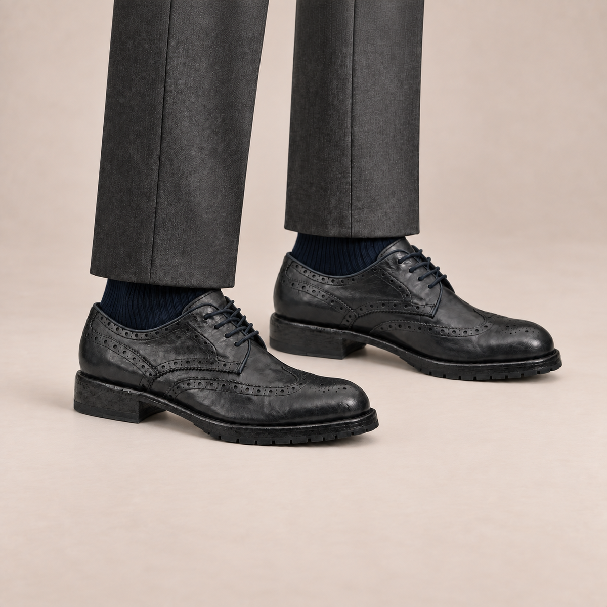 Blue-Black Wingtip Calf Leather Derby Shoes