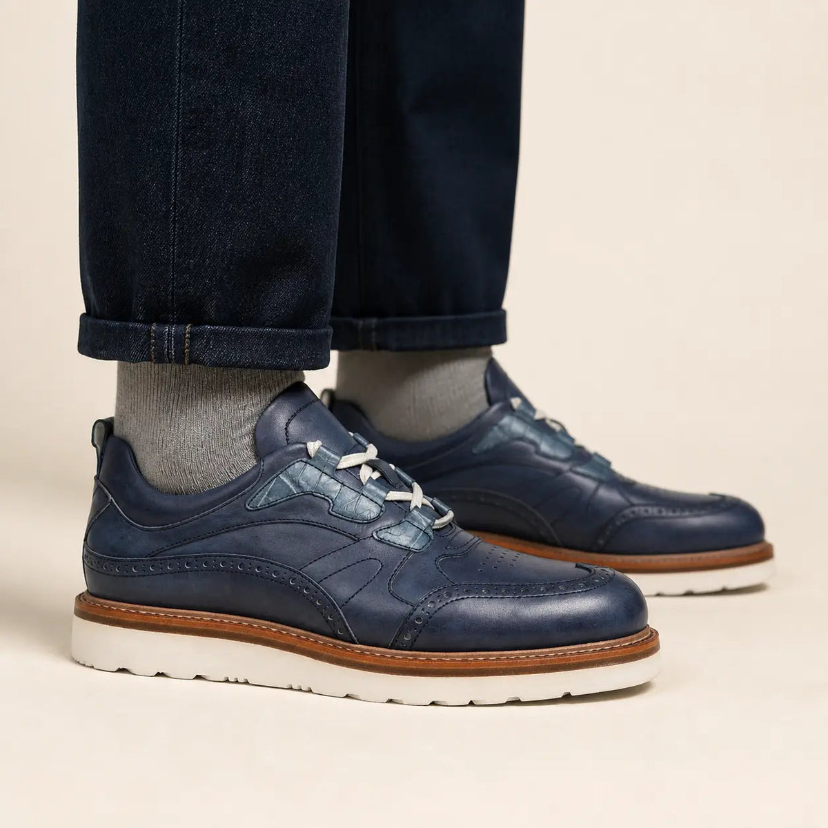 Blue Wingtip Cow Leather Sneakers