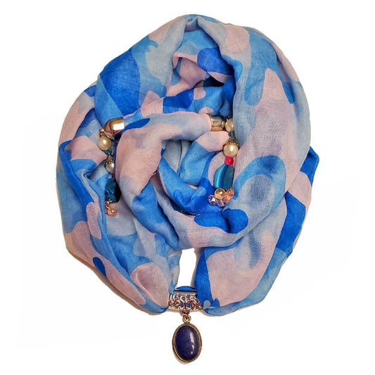 Blue Camouflage Cotton Pendant Scarf With Gem Pendant