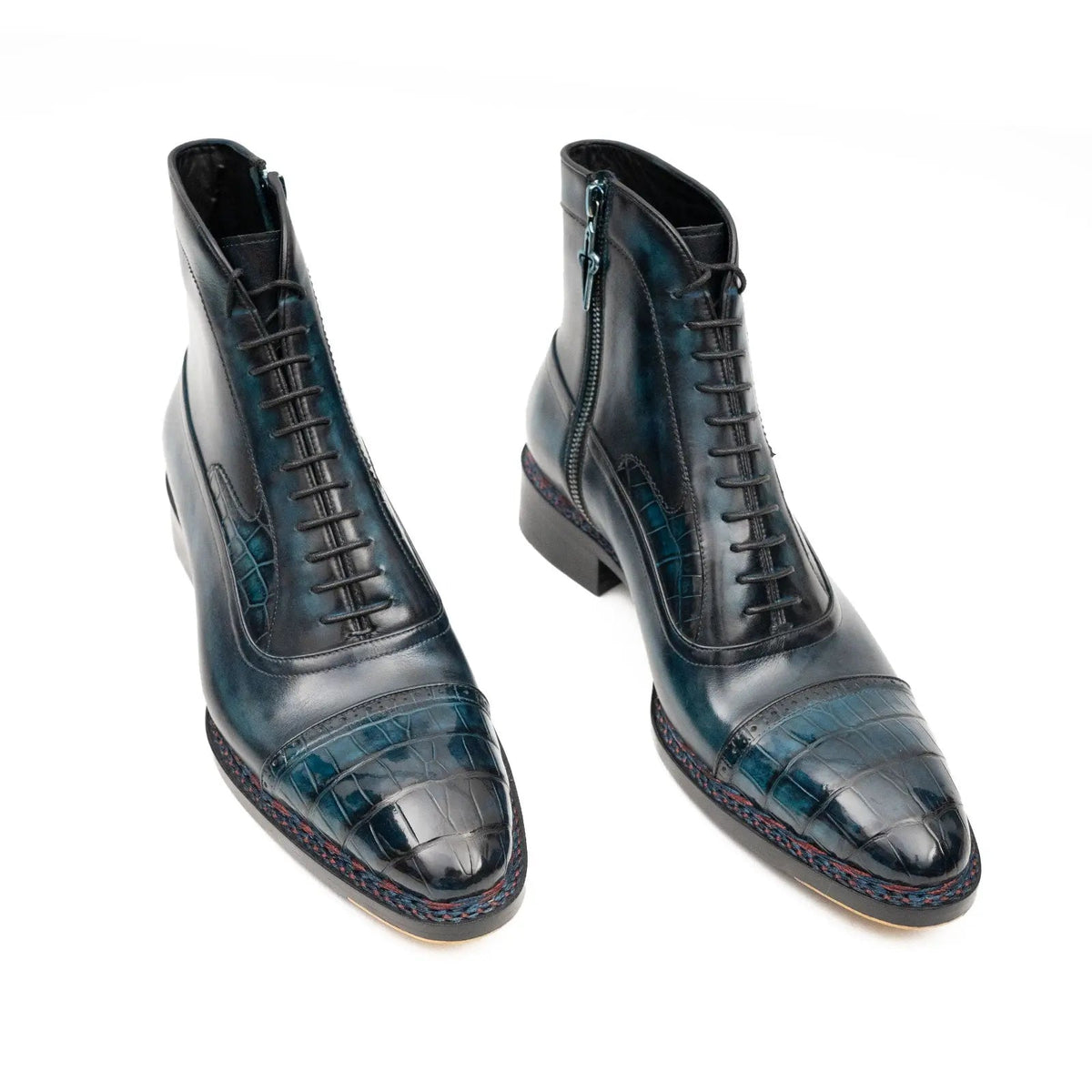 Blue-Black Cap-Toe Calf & Crocodile Leather Ankle Boots
