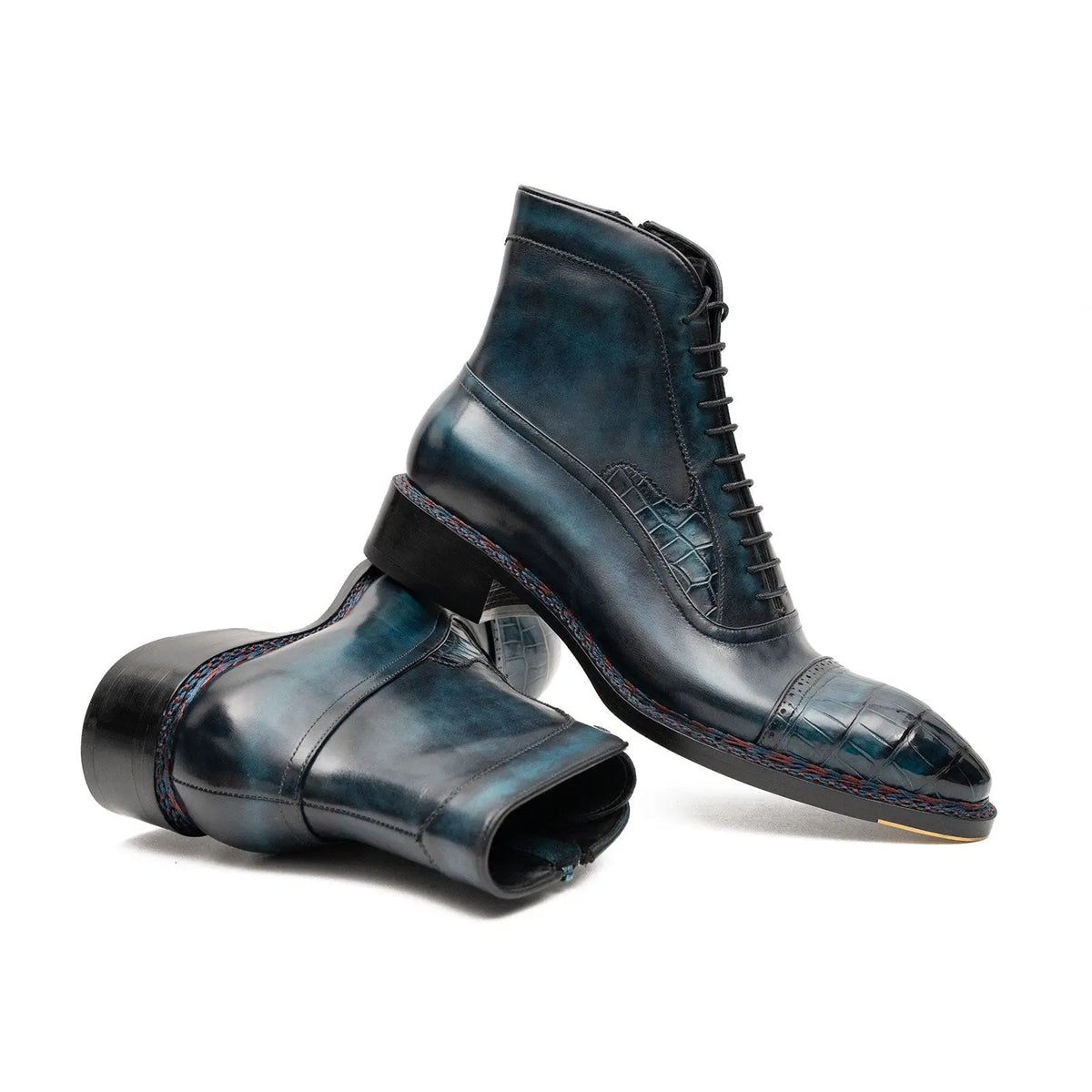 Blue-Black Cap-Toe Calf & Crocodile Leather Ankle Boots