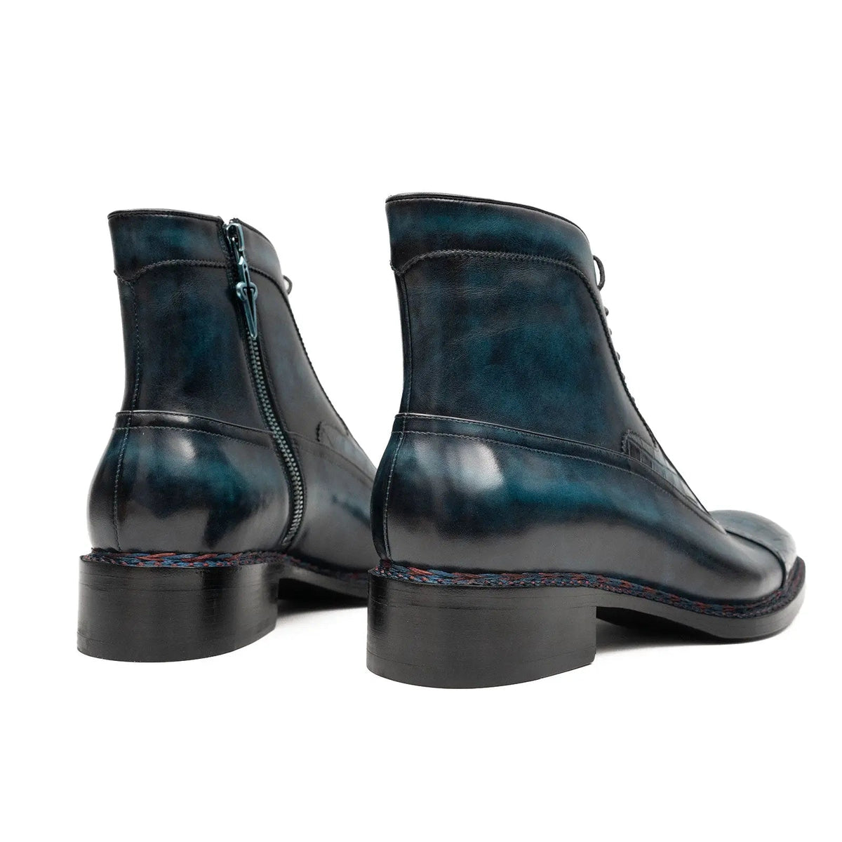 Blue-Black Cap-Toe Calf & Crocodile Leather Ankle Boots