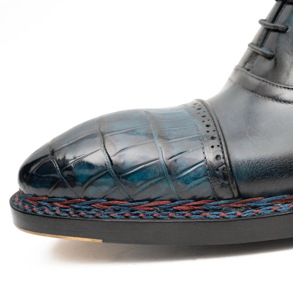 Blue-Black Cap-Toe Calf & Crocodile Leather Ankle Boots