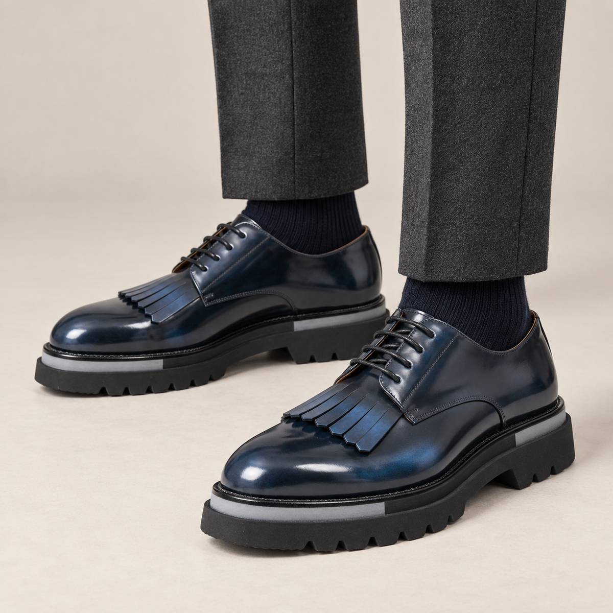 Blue Kiltie Calf Leather Derby Shoes
