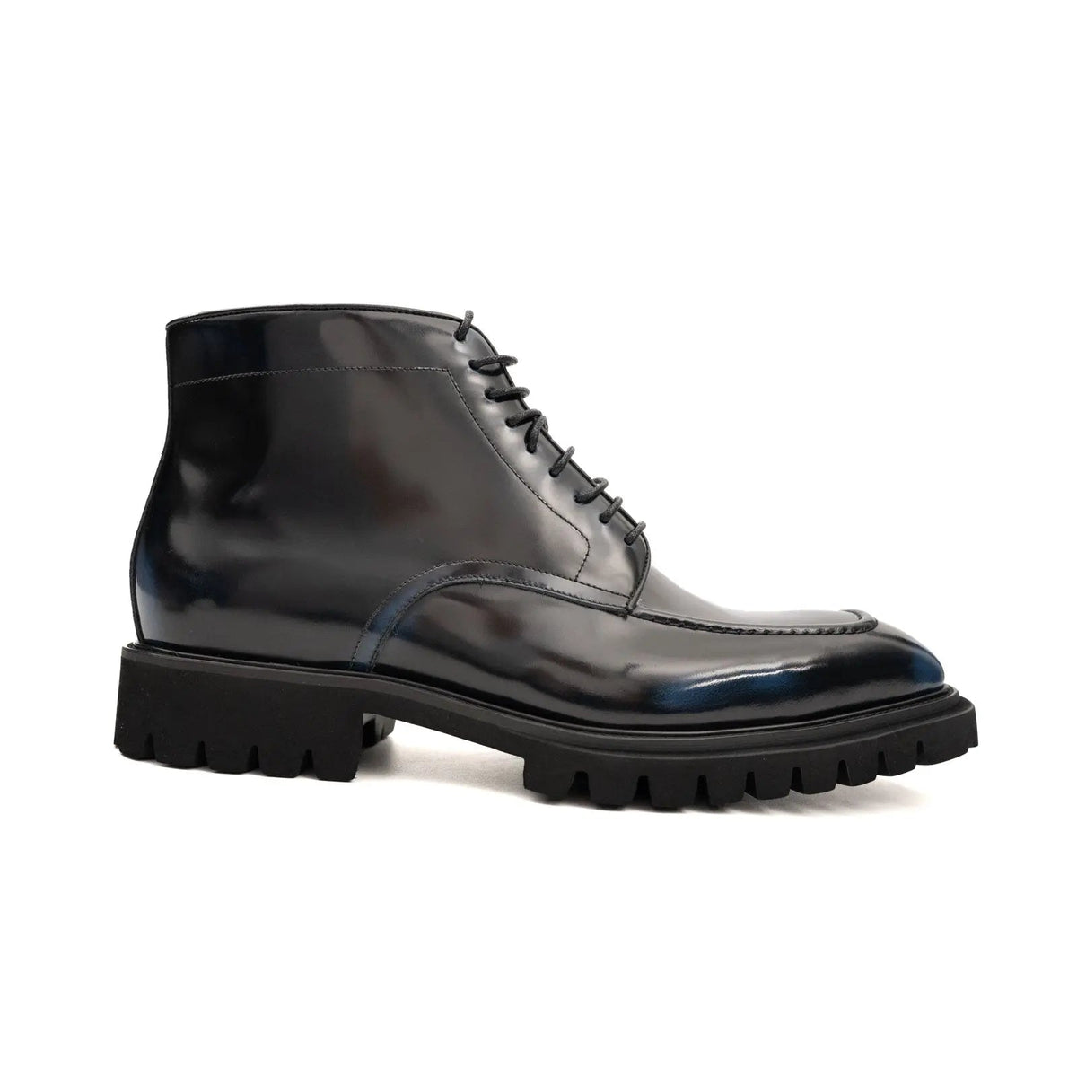 Blue-Black Apron-Toe Calf Leather Ankle Boots