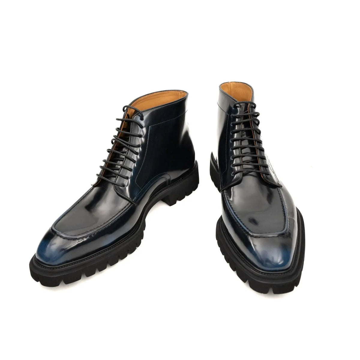 Blue-Black Apron-Toe Calf Leather Ankle Boots