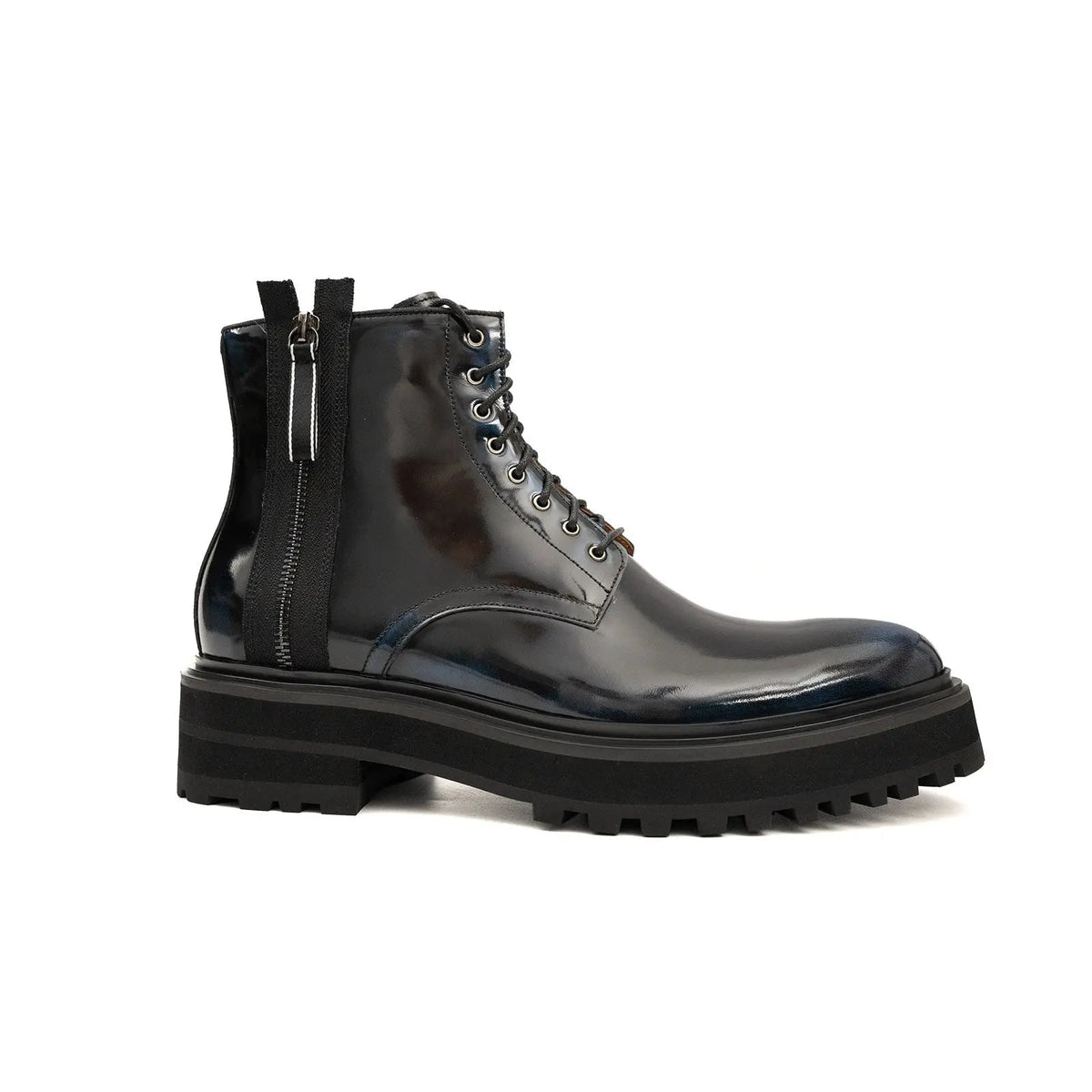 Blue-Black Calf Leather Lace-Up Boots