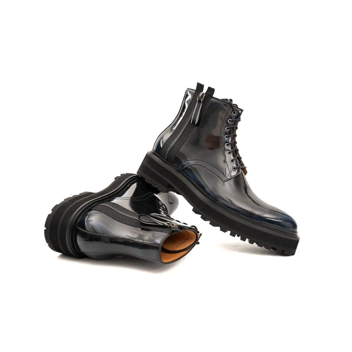 Blue-Black Calf Leather Lace-Up Boots