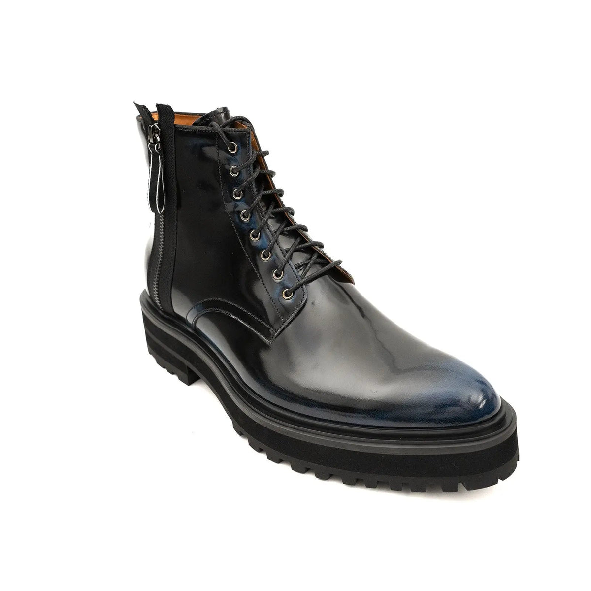 Blue-Black Calf Leather Lace-Up Boots