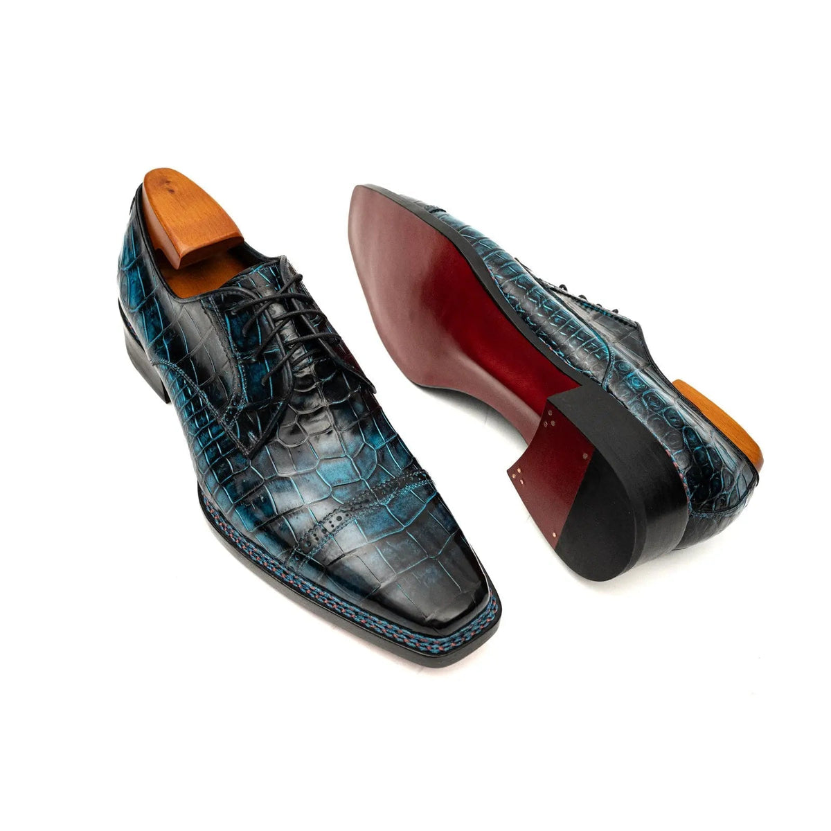 Blue Cap-Toe Crocodile Leather Derby Shoes