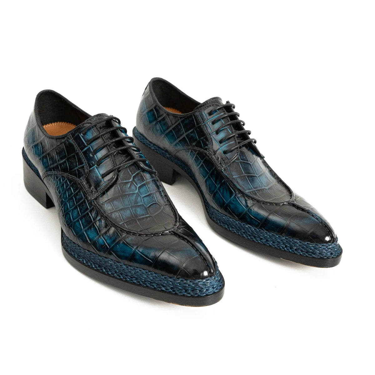 Blue Apron-Toe Crocodile Leather Derby Shoes
