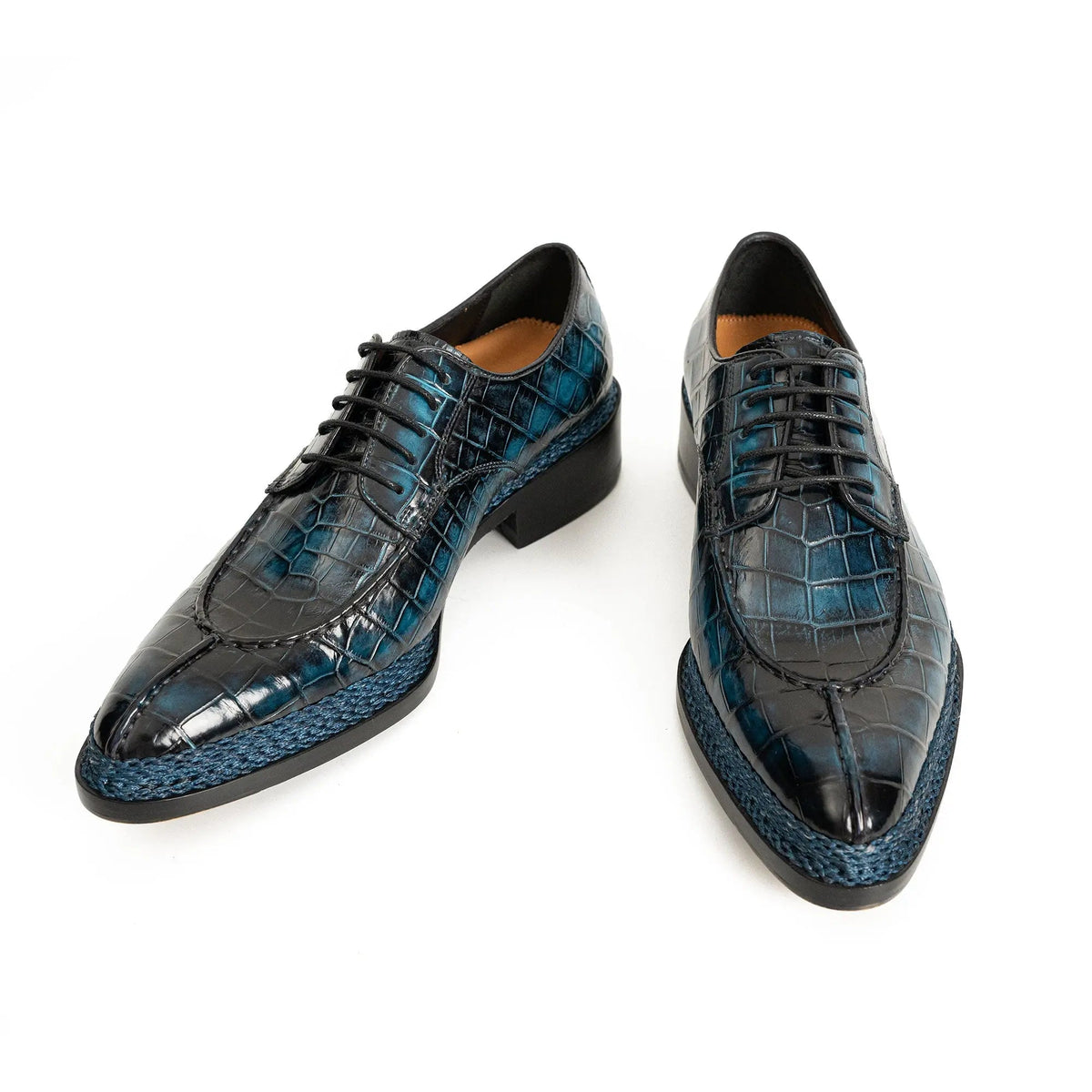 Blue Apron-Toe Crocodile Leather Derby Shoes