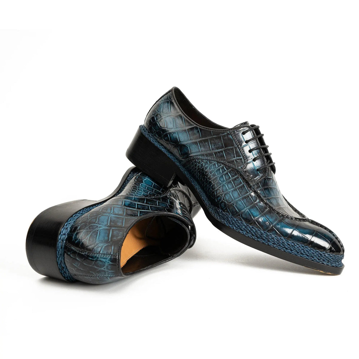 Blue Apron-Toe Crocodile Leather Derby Shoes