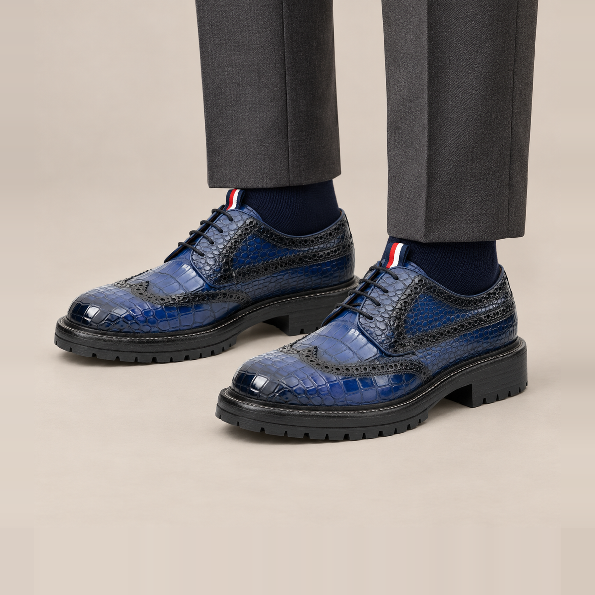 Blue Wingtip Crocodile Leather Derby Shoes