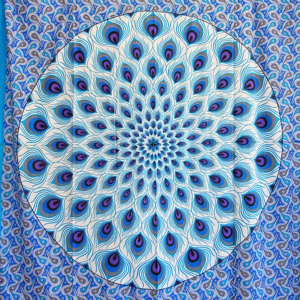 Blue Geometric Peacock Cotton Tapestry Wall Hanging Large