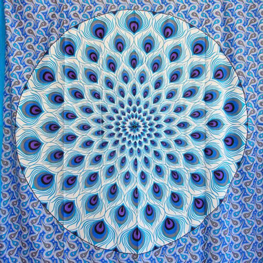 Blue Geometric Peacock Cotton Tapestry Wall Hanging Large