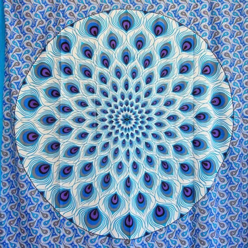 Blue Geometric Peacock Cotton Tapestry Wall Hanging Large