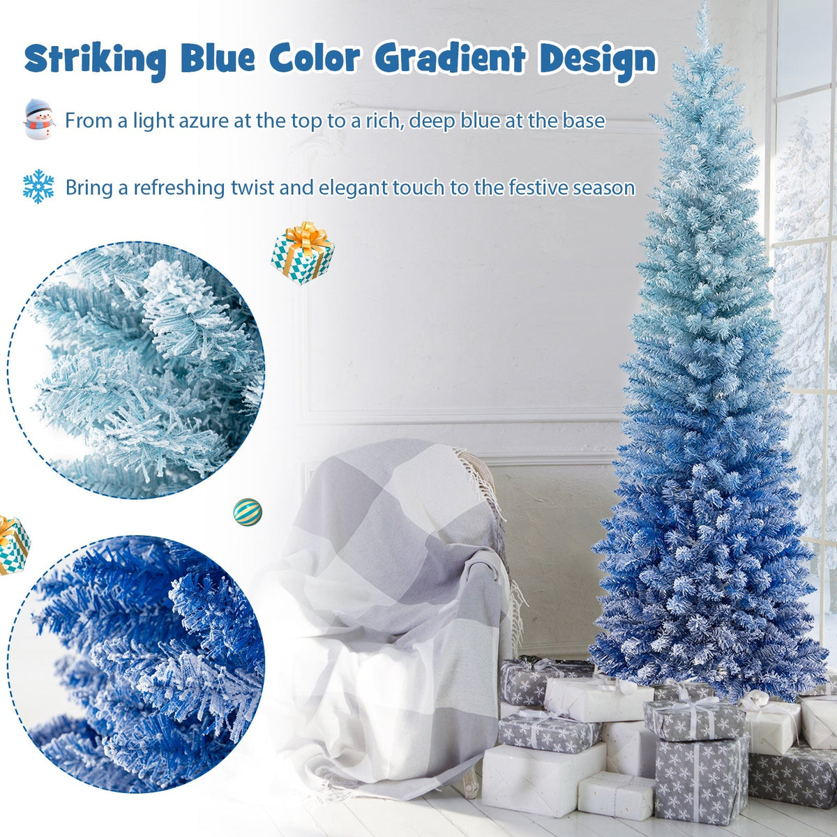 6 Feet Blue Gradient Snow Flocked Artificial Christmas Tree-Blue