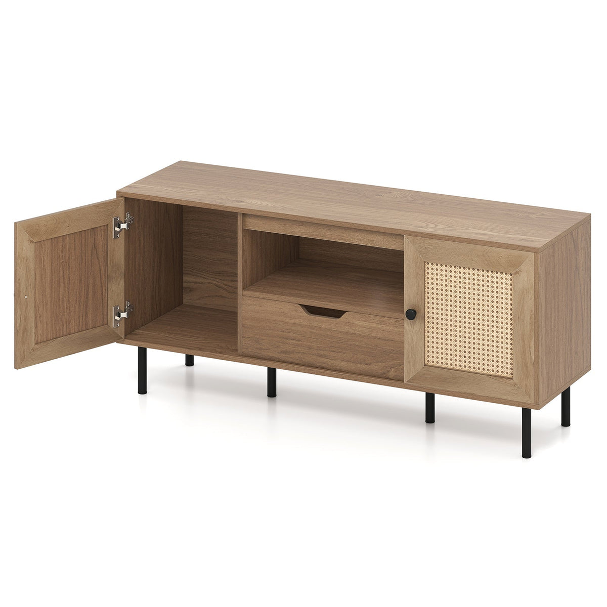 Boho TV Stand for 60 Inch TV Entertainment Center with Cabinets and Storage Shelf-Natural