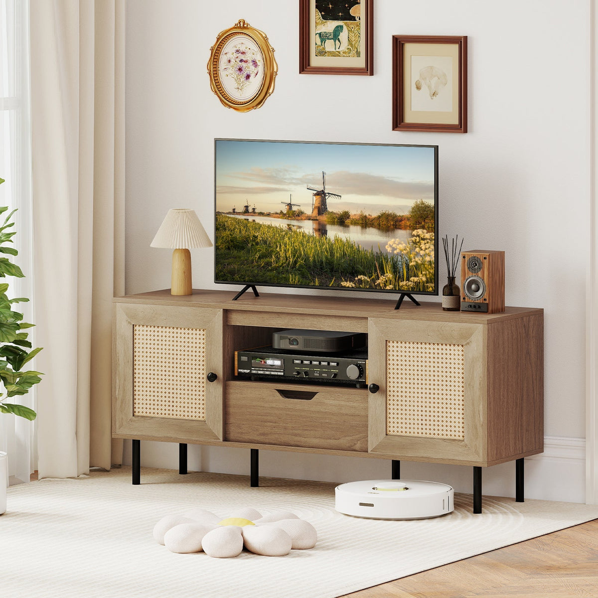 Boho TV Stand for 60 Inch TV Entertainment Center with Cabinets and Storage Shelf-Natural