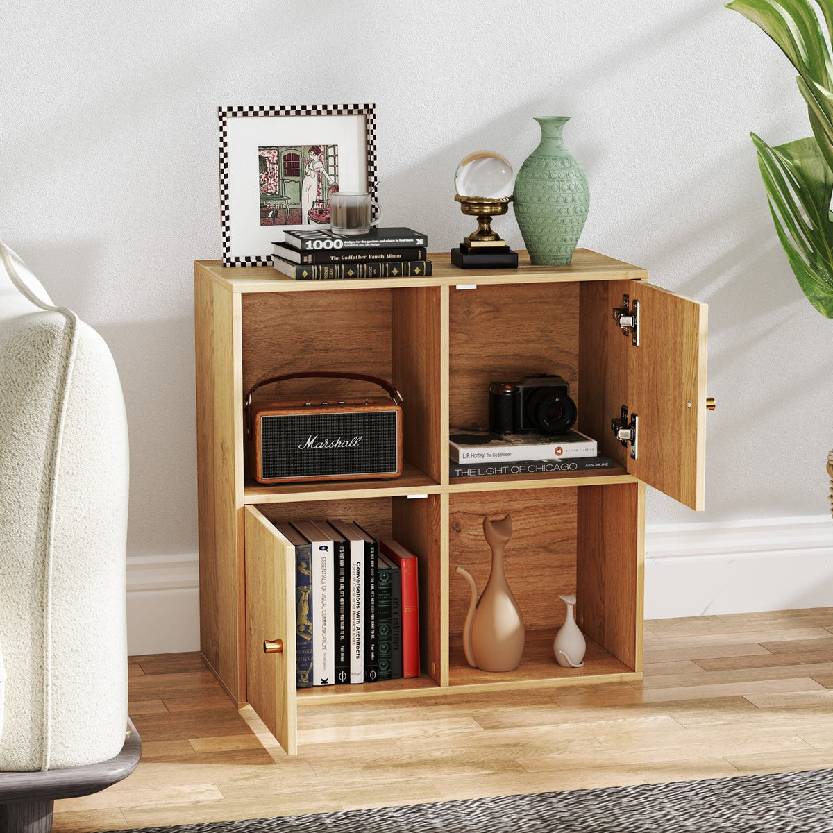 4-Cube Bookcase 3-Tier Bookshelf with Dual Anti-Tipping Kits and 2 Cabinets