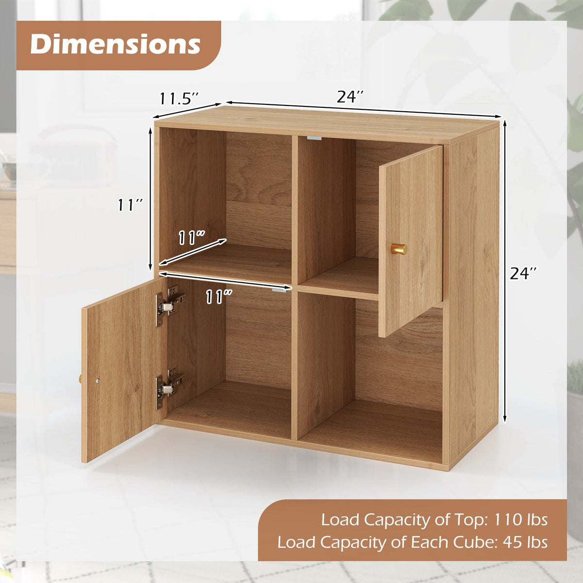 4-Cube Bookcase 3-Tier Bookshelf with Dual Anti-Tipping Kits and 2 Cabinets