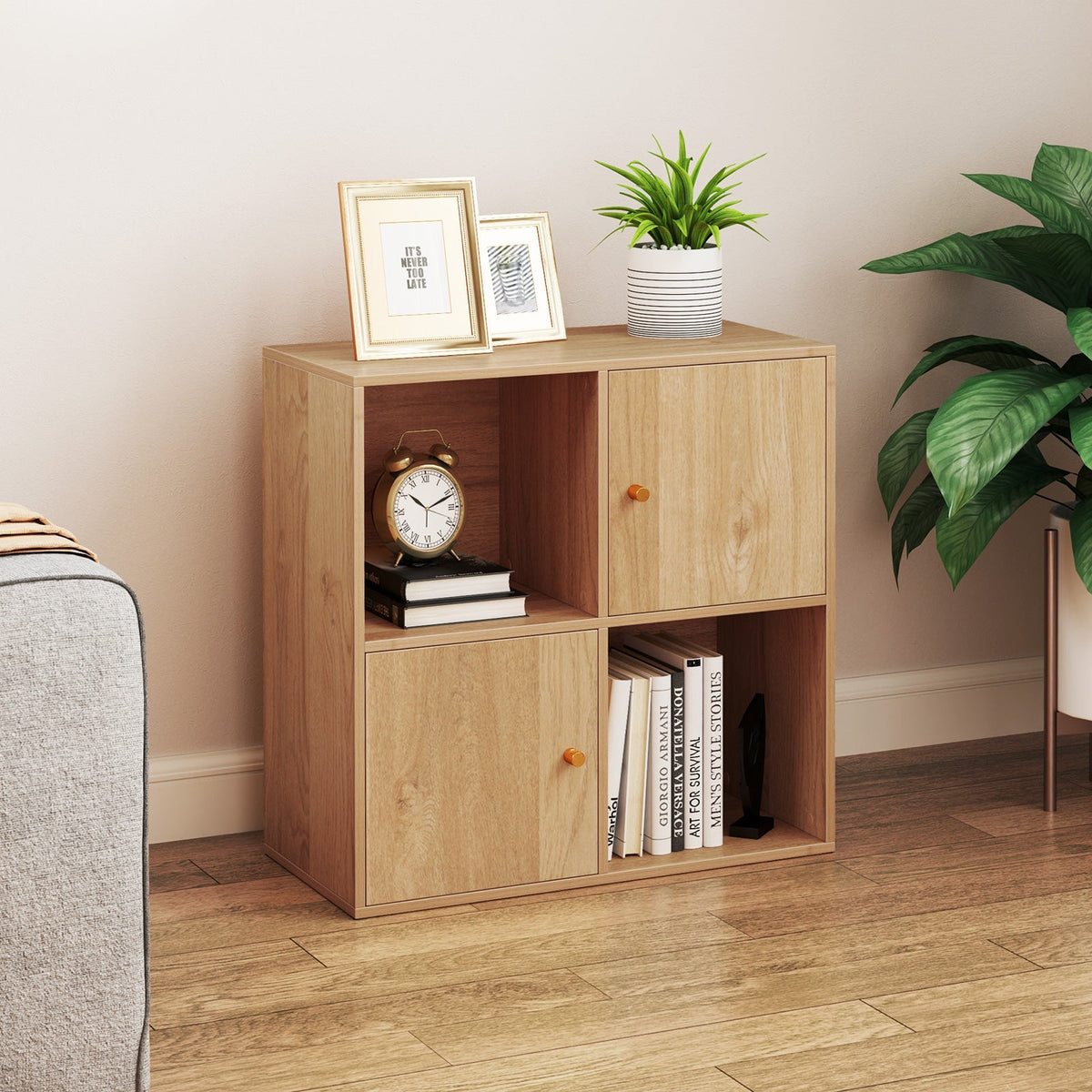 4-Cube Bookcase 3-Tier Bookshelf with Dual Anti-Tipping Kits and 2 Cabinets