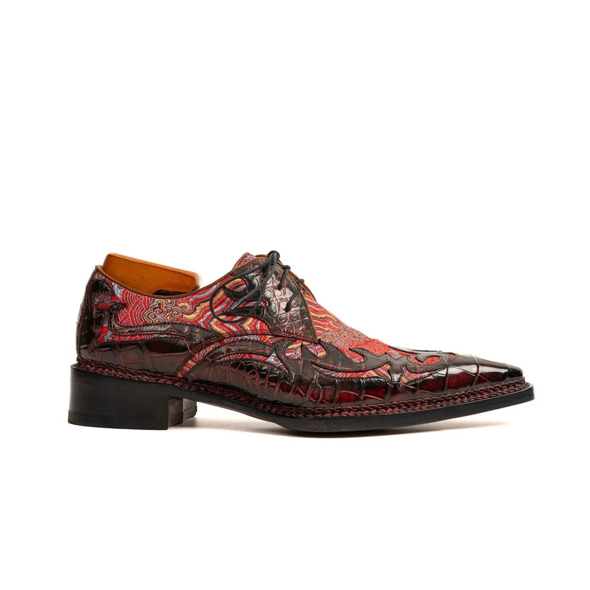 Red Square-Toe Crocodile Leather Oxford Shoes
