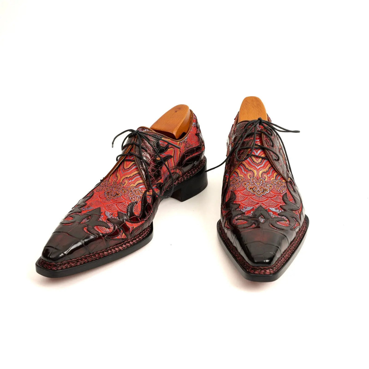 Red Square-Toe Crocodile Leather Oxford Shoes