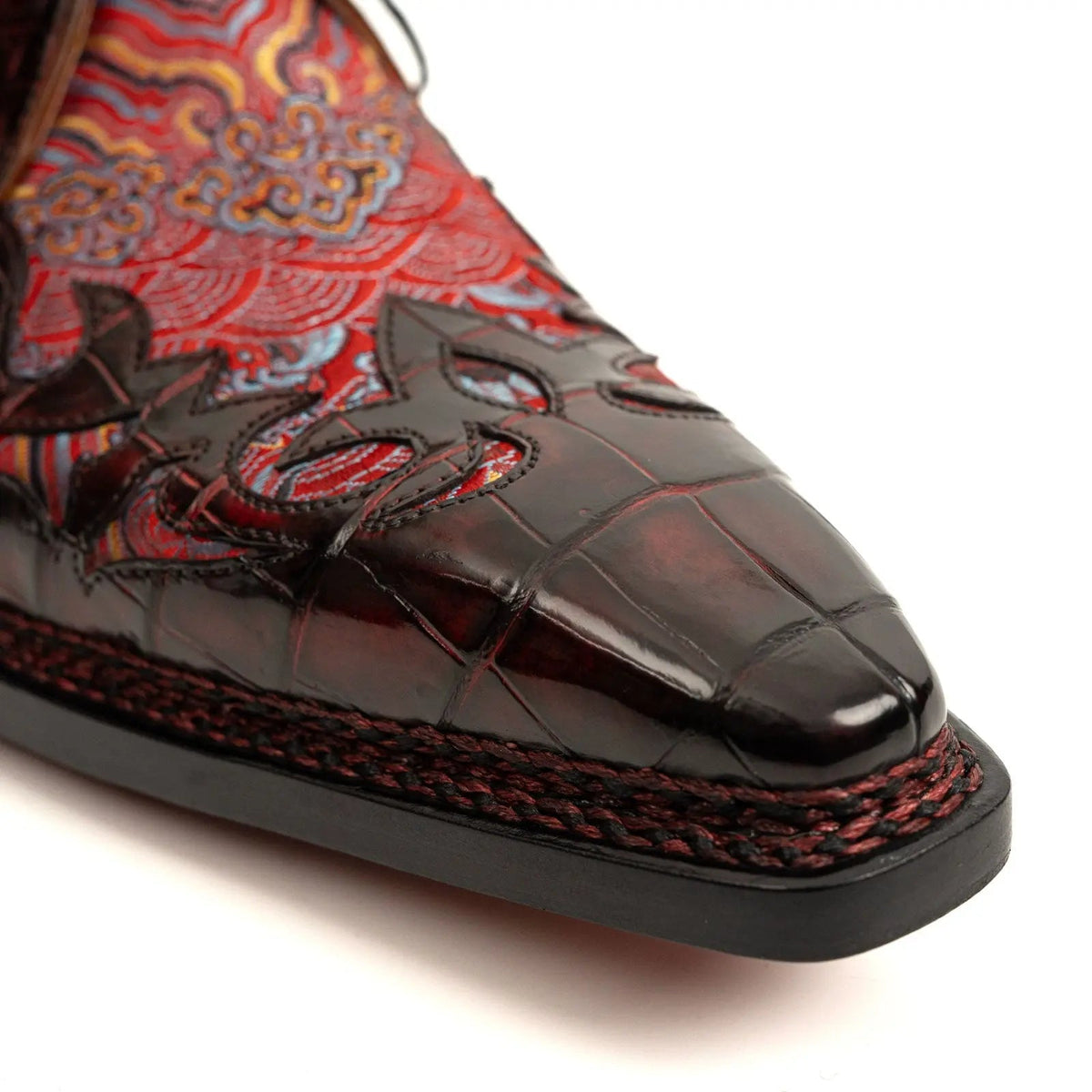 Red Square-Toe Crocodile Leather Oxford Shoes