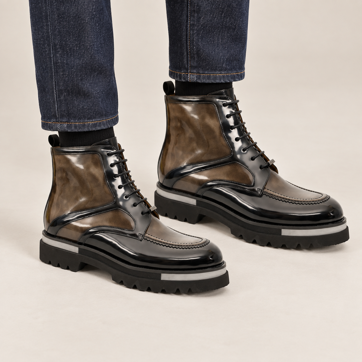 Brown-Black Apron-Toe Leather Lace-Up Boots