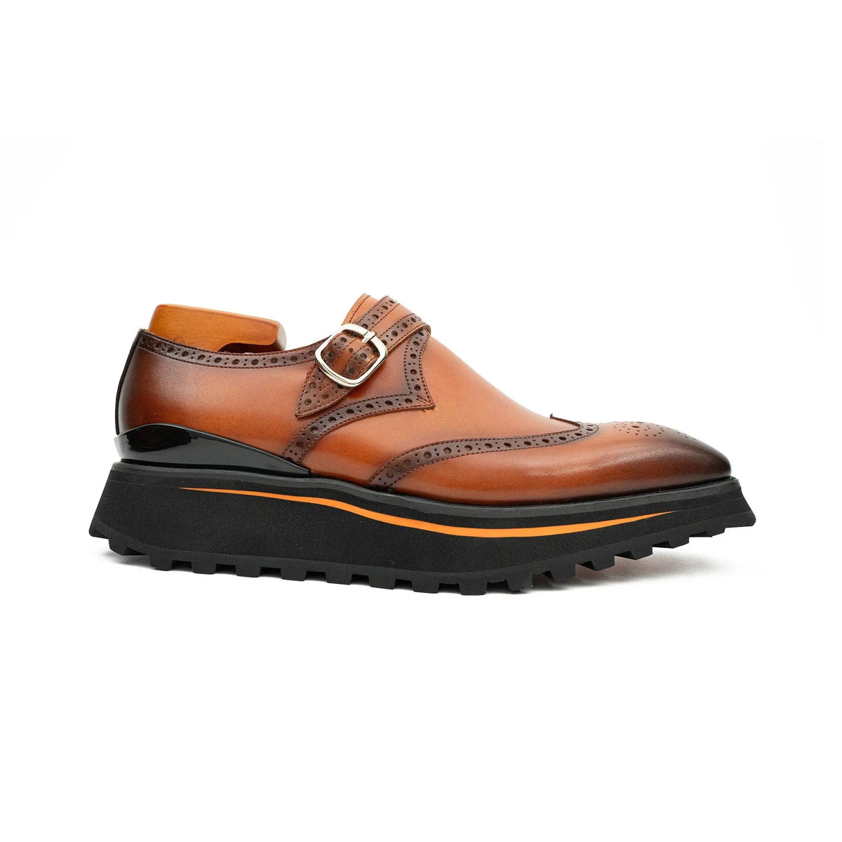 Brown Wingtip Calf Leather Monk Shoes