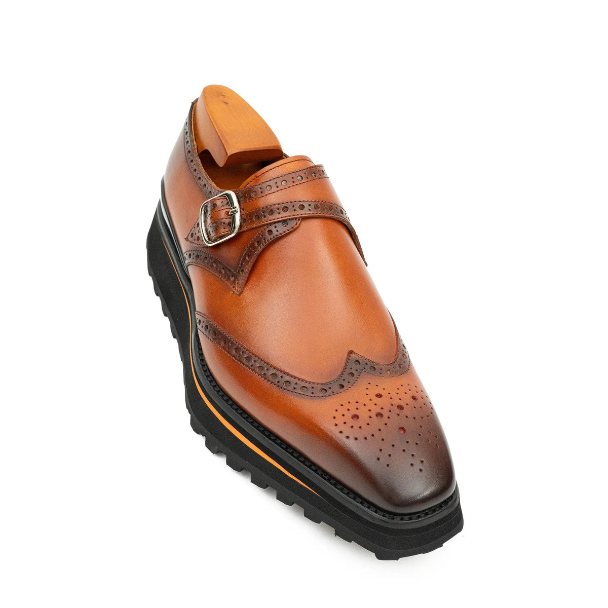 Brown Wingtip Calf Leather Monk Shoes