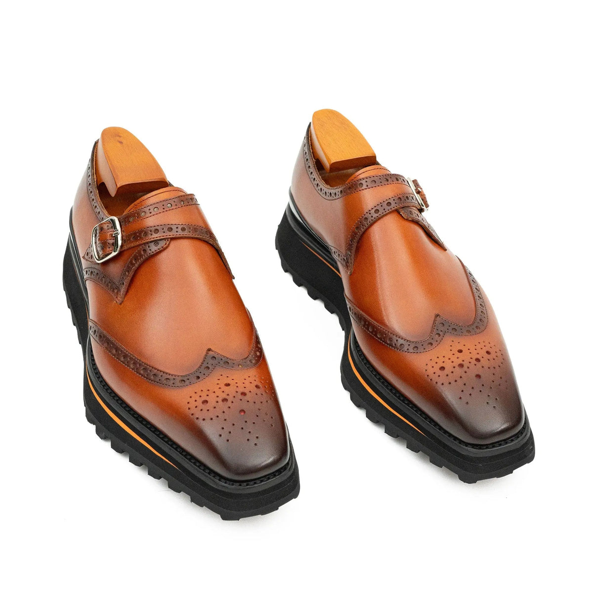 Brown Wingtip Calf Leather Monk Shoes