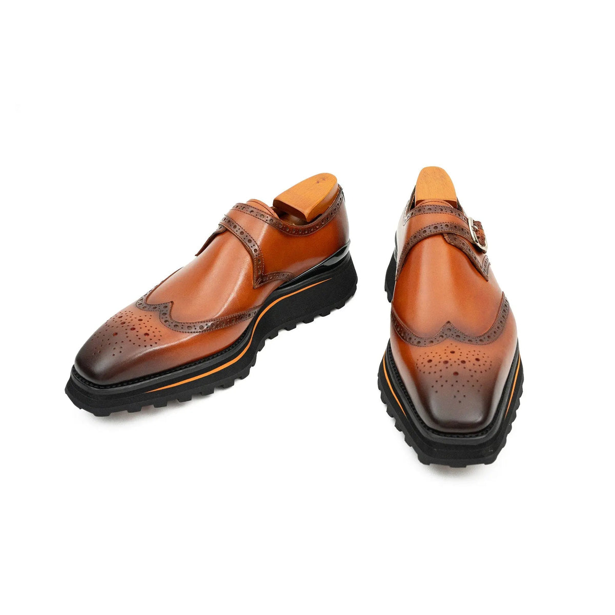 Brown Wingtip Calf Leather Monk Shoes