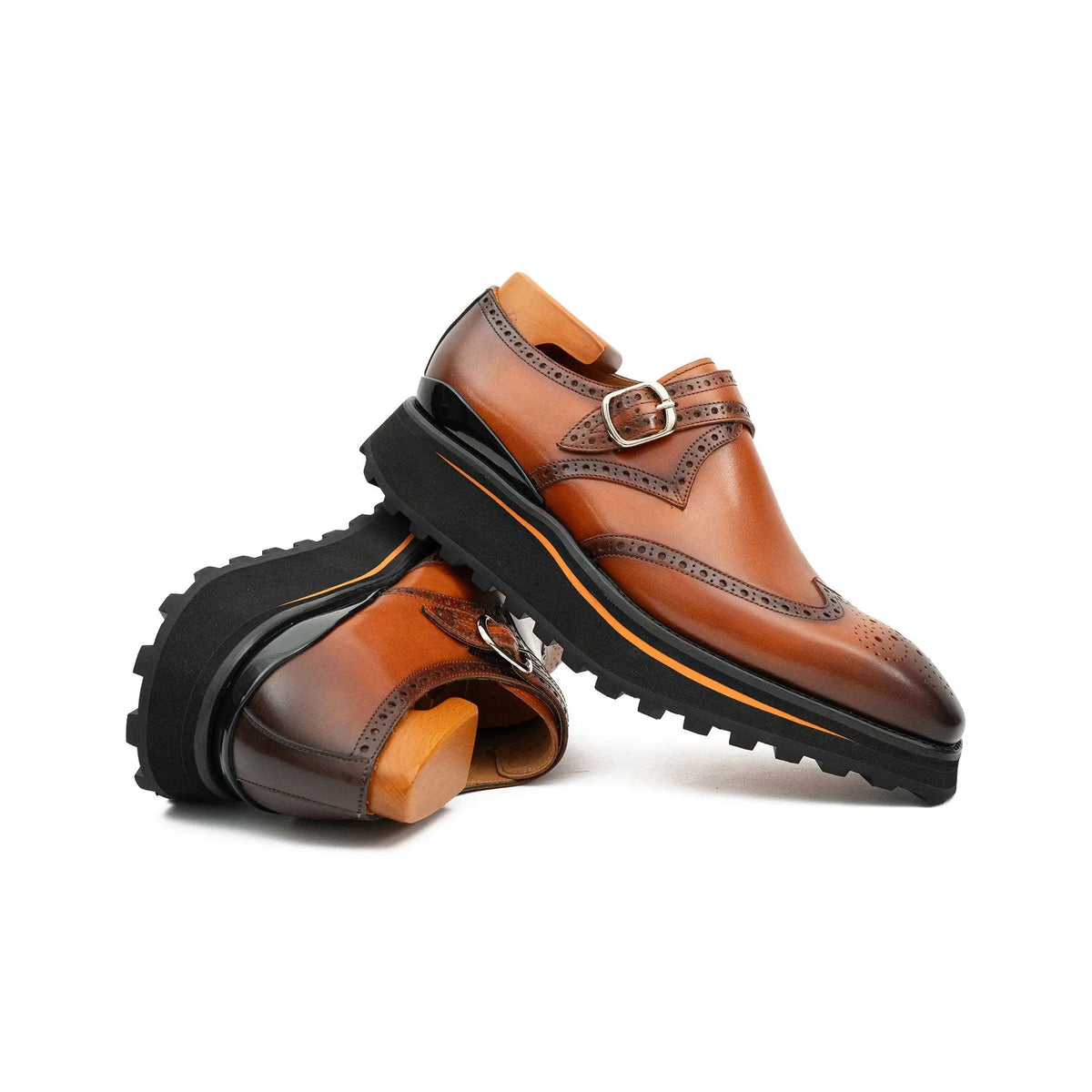 Brown Wingtip Calf Leather Monk Shoes