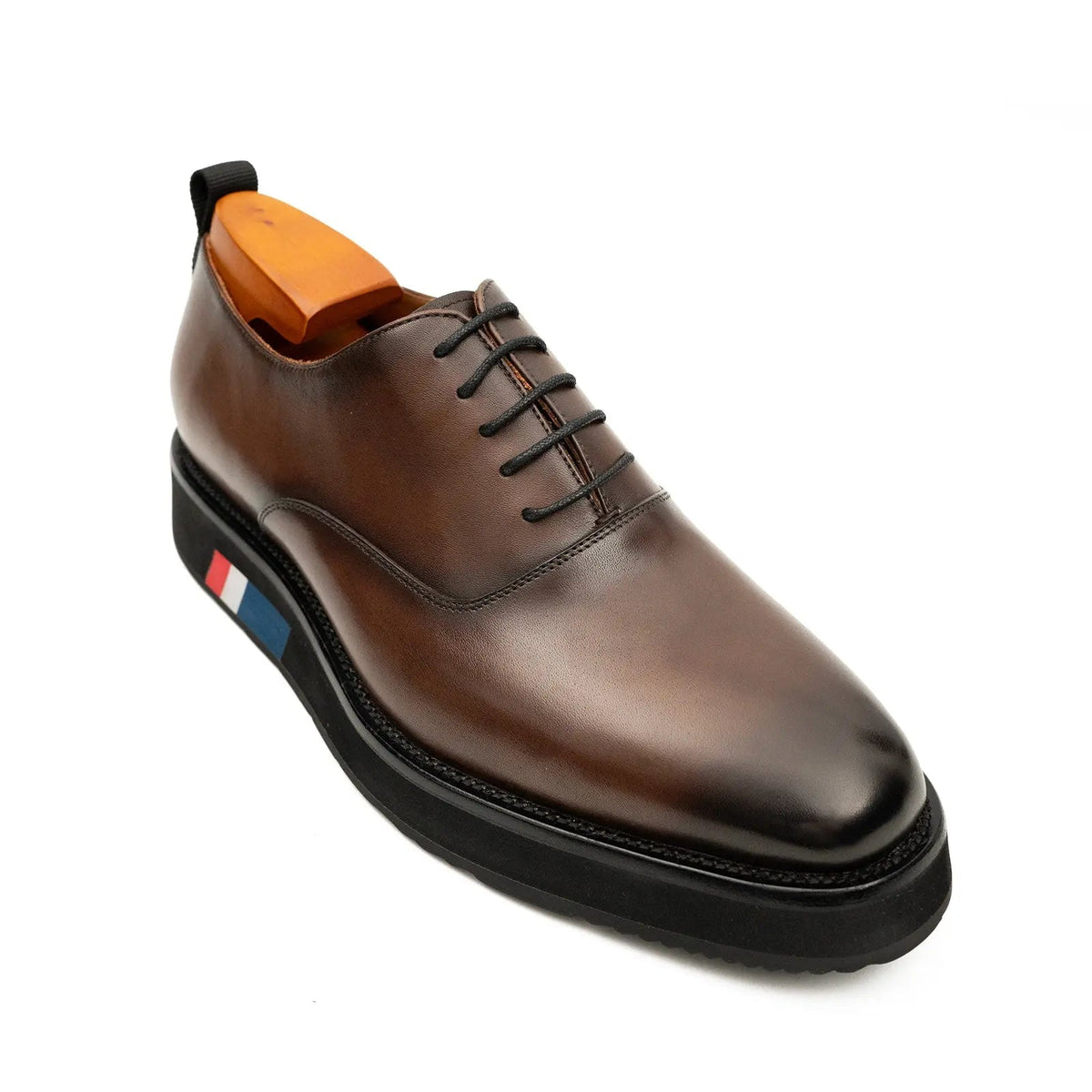 Brown Plain-Toe Calf Leather Oxford Shoes