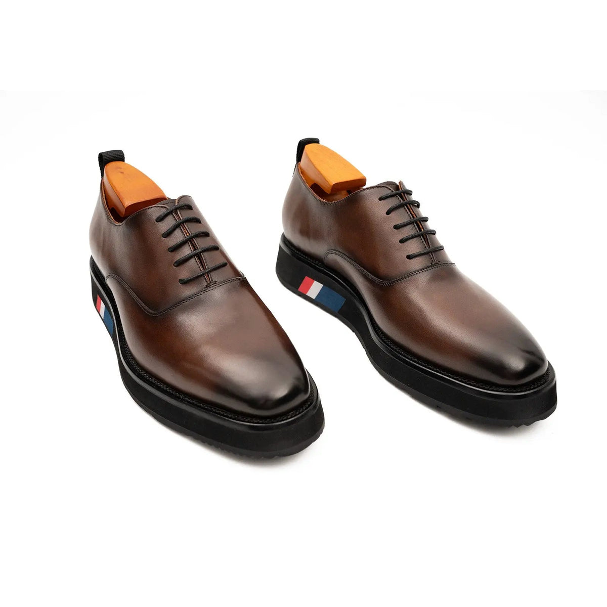 Brown Plain-Toe Calf Leather Oxford Shoes