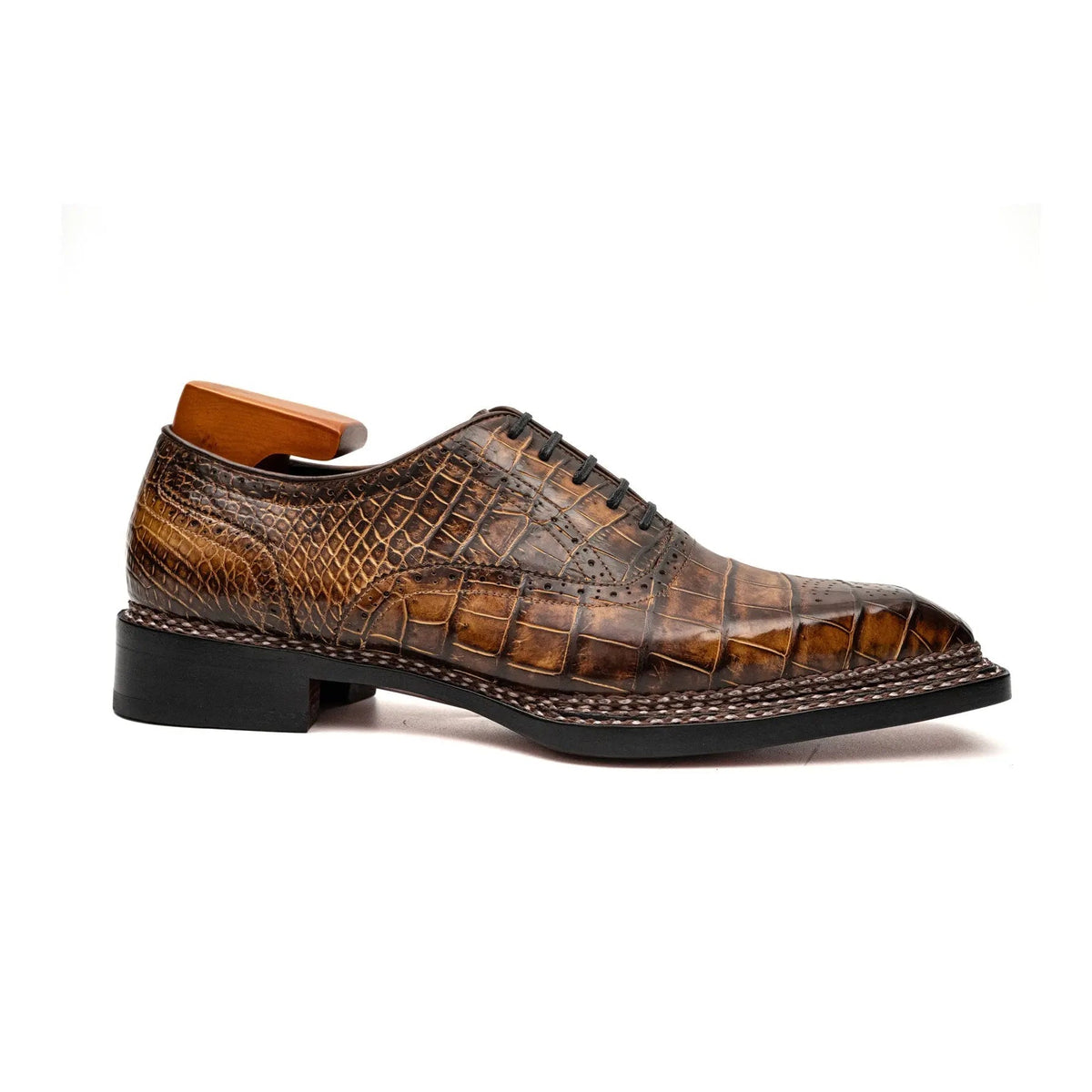 Brown Square-Toe Crocodile Leather Oxford Shoes