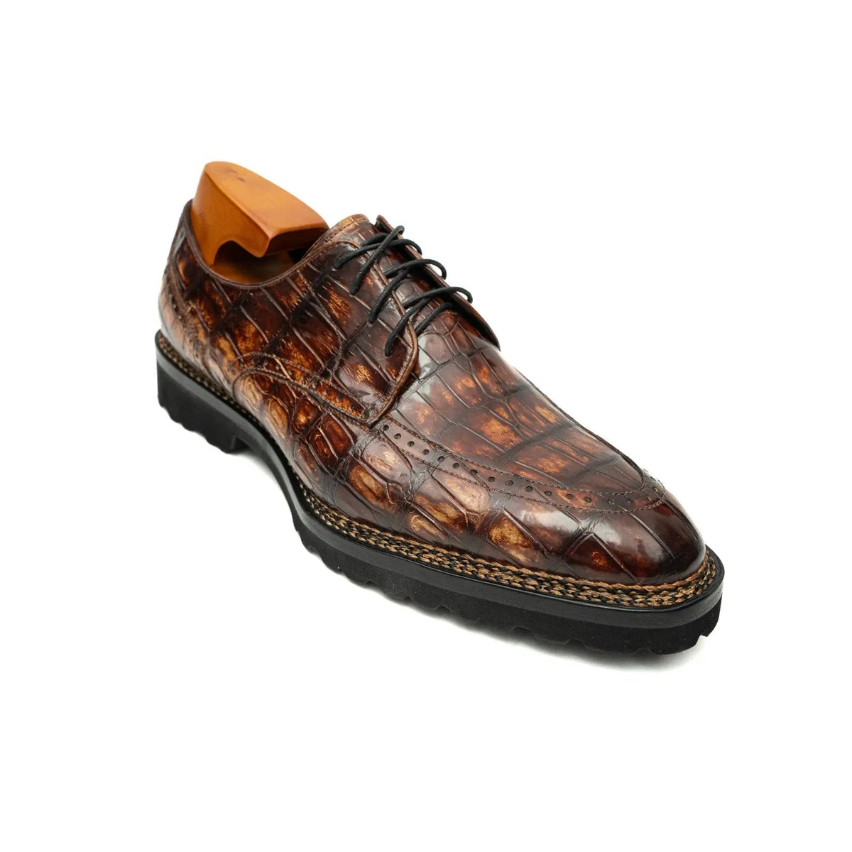 Brown Apron-Toe Crocodile Leather Derby Shoes