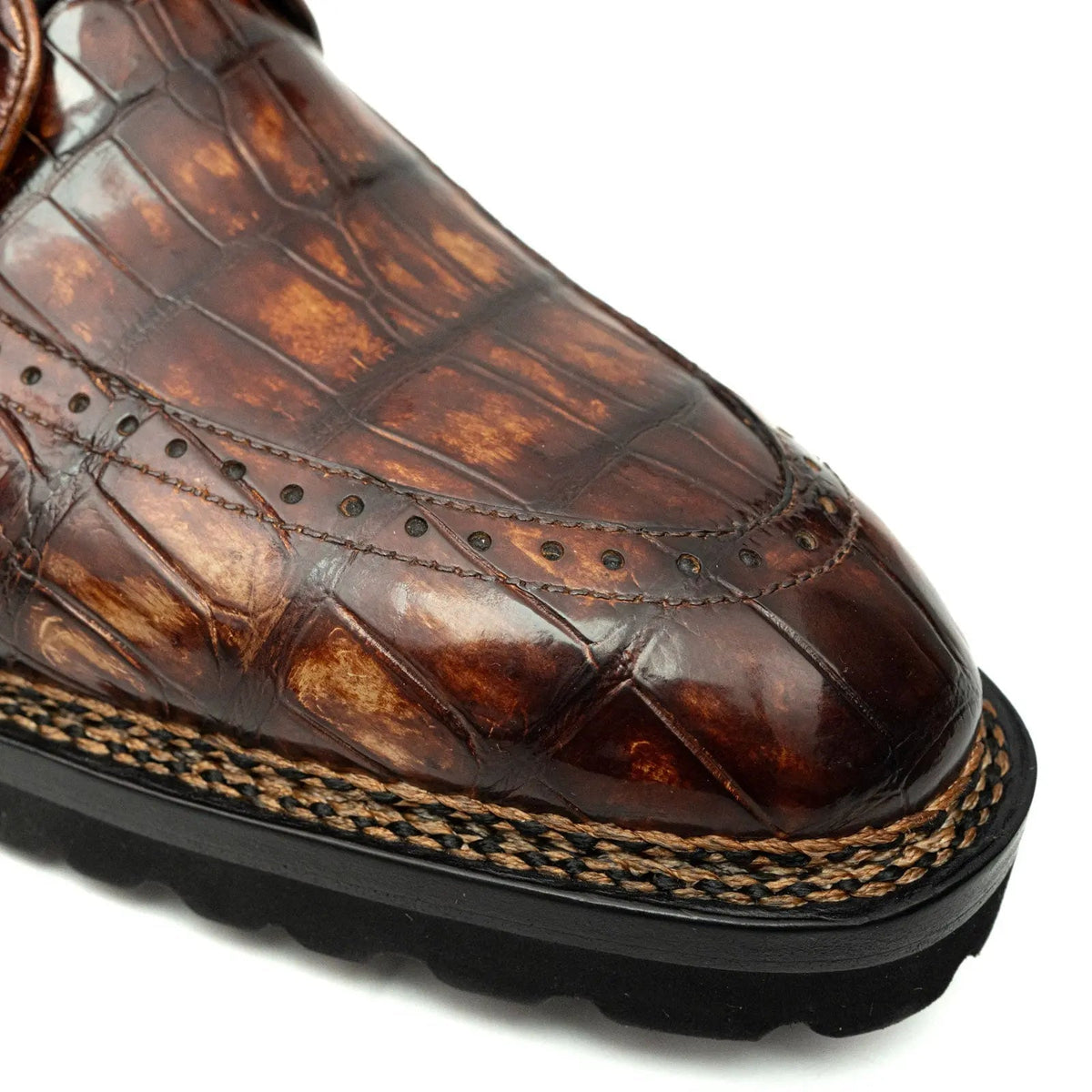 Brown Apron-Toe Crocodile Leather Derby Shoes