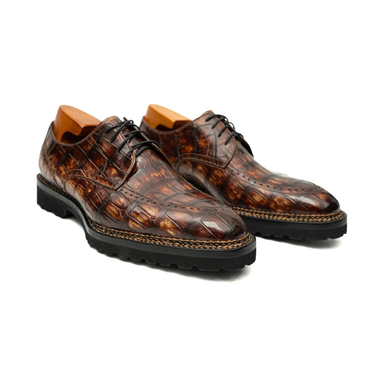 Brown Apron-Toe Crocodile Leather Derby Shoes