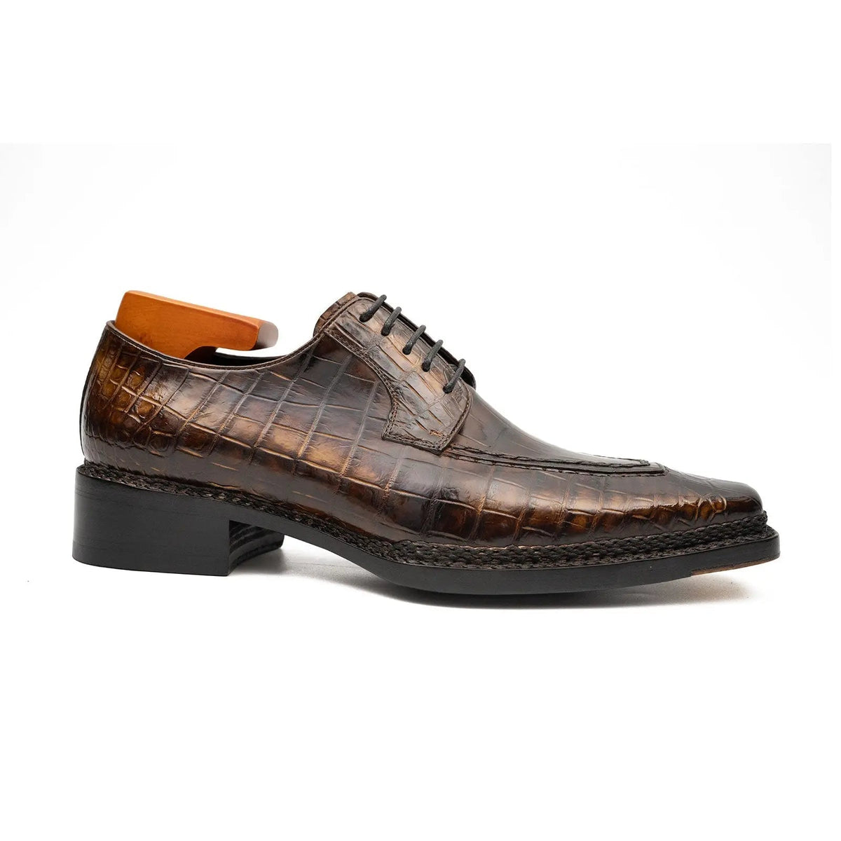 Dark Brown Apron-Toe Crocodile Leather Derby Shoes